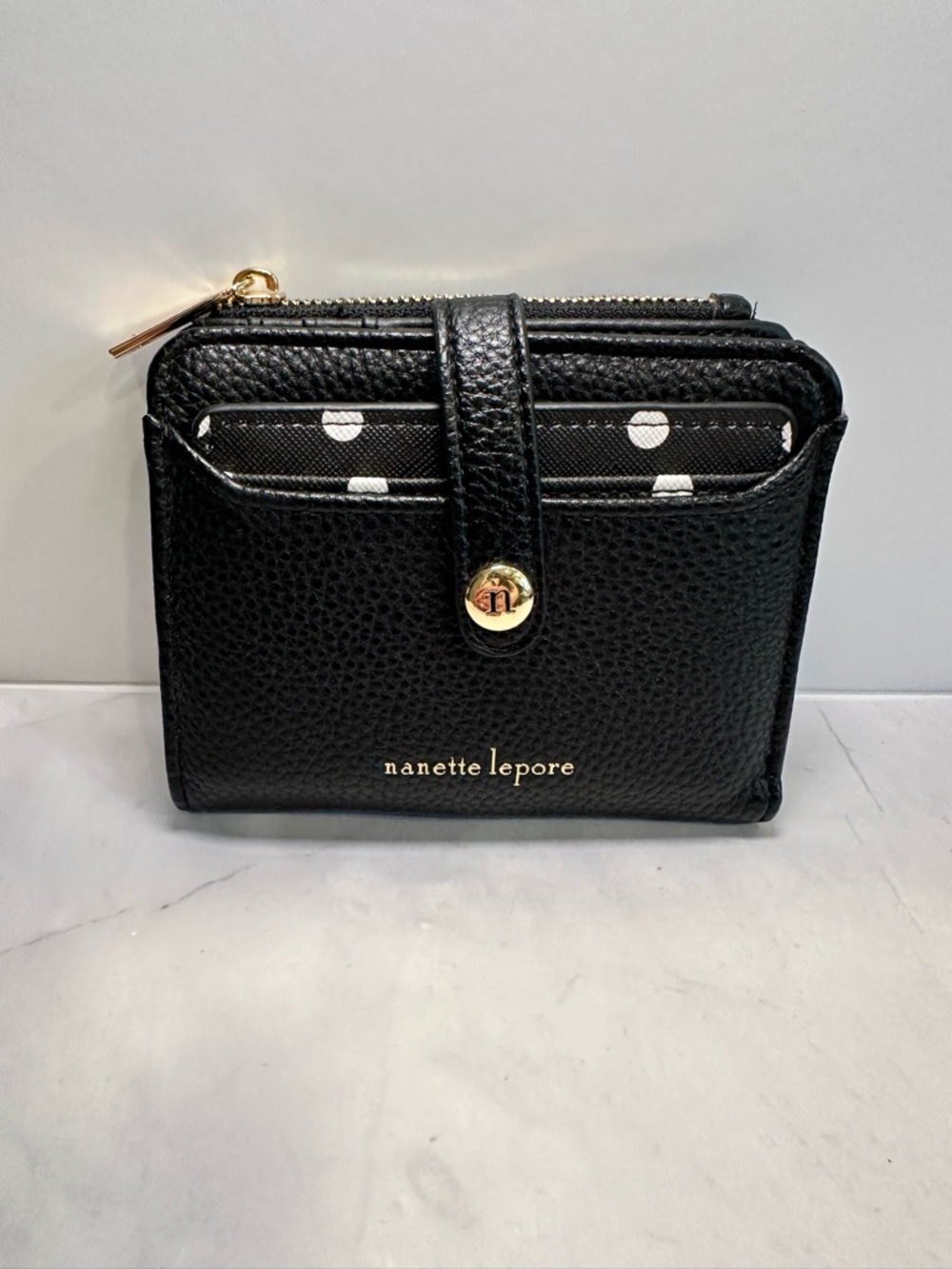 Nanette Lepore Black Leather Card Wallet with Gold Hardware